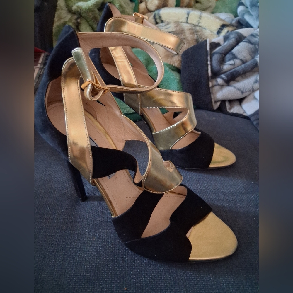 Gorgeous PRADA Black and Gold Strappy High Heels